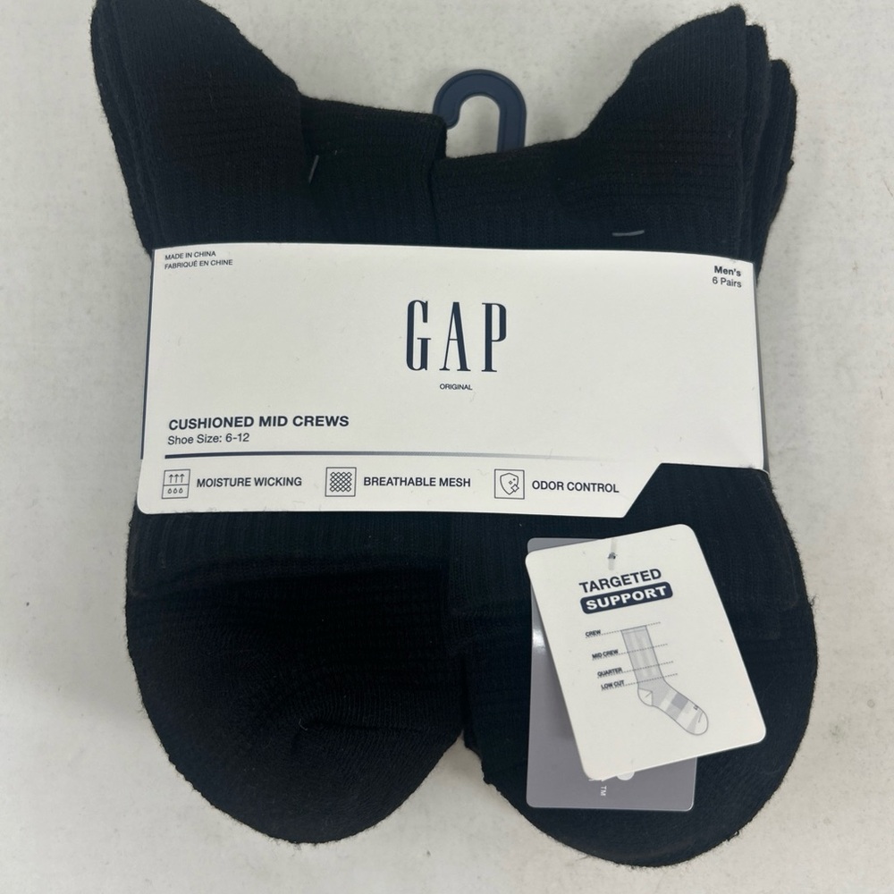 GAP Men's Black Cushioned Mid Crew Socks Black 6 Pack Size 6-12 Wicking NEW